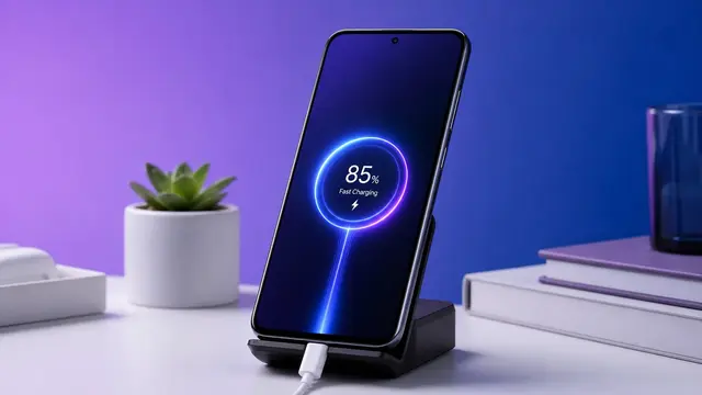 Teléfono inteligente cargando con cable USB-C sobre un escritorio minimalista