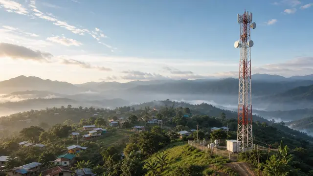 Torre de telecomunicaciones rural sobre una colina verde con casas y montañas al fondo