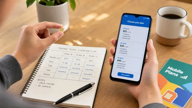 Persona comparando planes móviles con una tarjeta SIM, un teléfono y una libreta con gráficos
