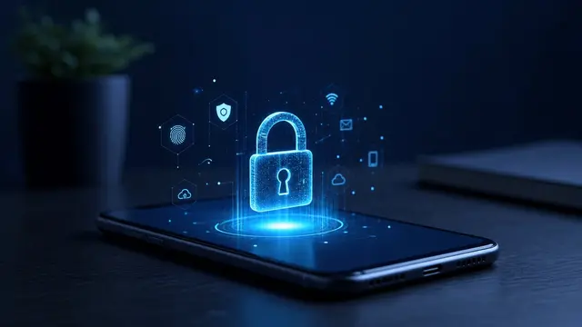 Teléfono sobre un escritorio oscuro con un candado holográfico que simboliza seguridad móvil